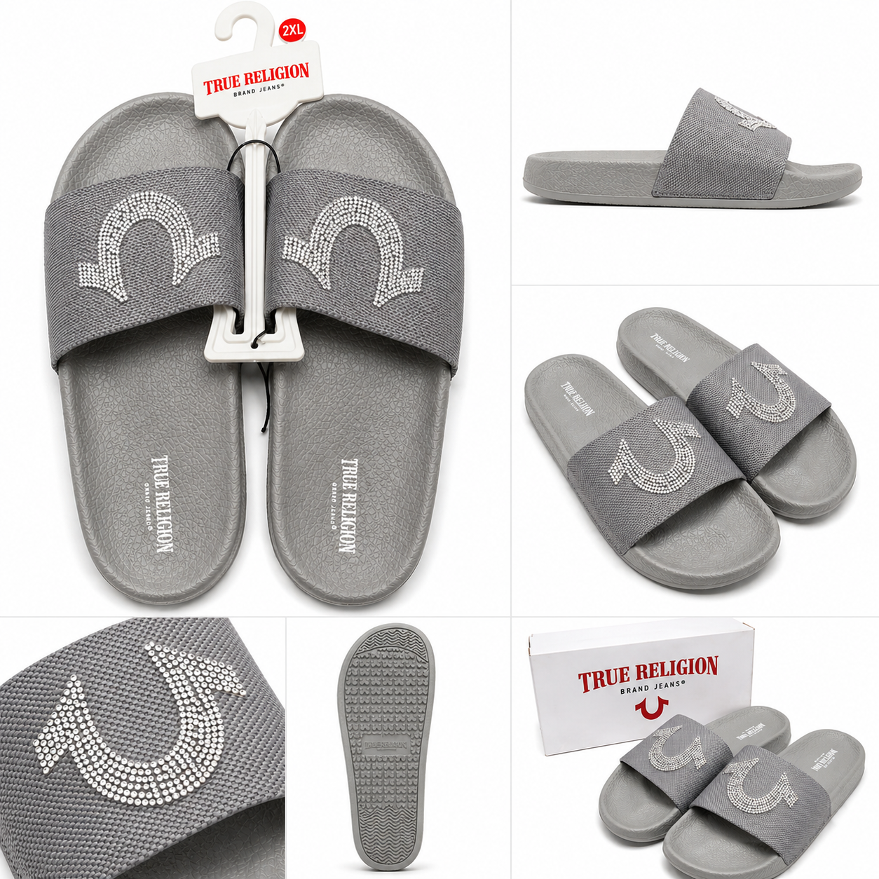 True Religion Rhinestone Logo Slides – Stylish & Comfortable 💎