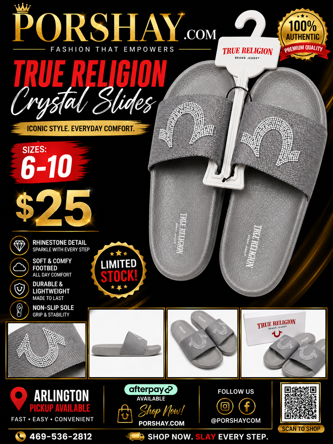 True Religion Rhinestone Logo Slides – Stylish & Comfortable 💎
